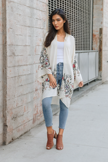 Long Floral Kimono Cardigan Cream