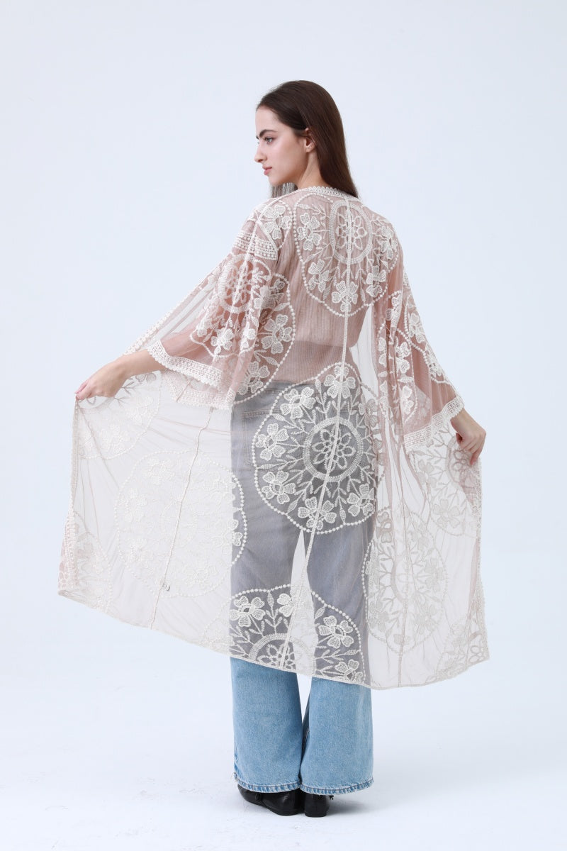 Contrast Mesh Cotton Lace Kimono