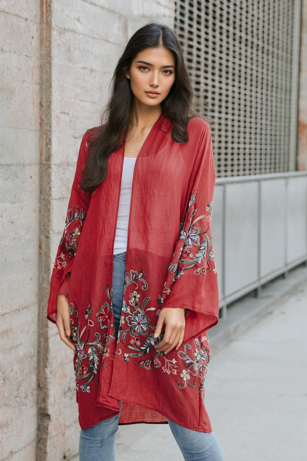 Long Floral Kimono Cardigan Plum