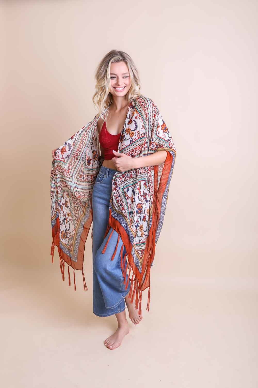 Bohemian Diamond Tassel Kimono Ponchos Rust