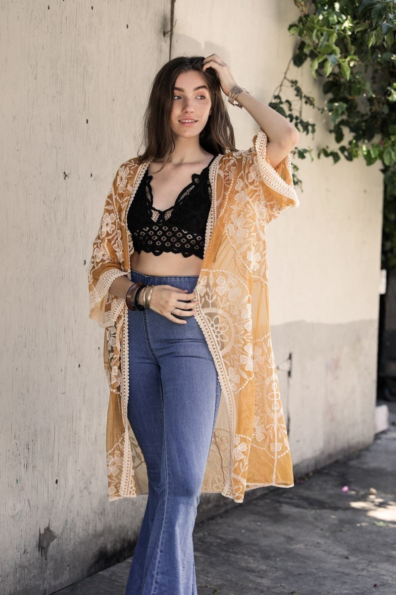 Contrast Mesh Cotton Lace Kimono Gold