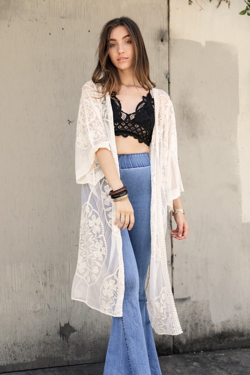 Contrast Mesh Cotton Lace Kimono Ivory