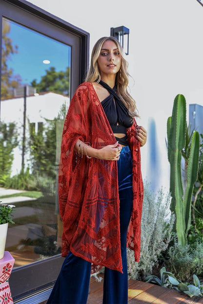 Embroidered Mesh Leaf Kimono