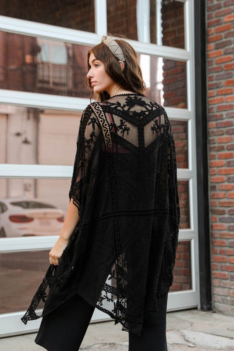 Embroidered Mesh Leaf Kimono