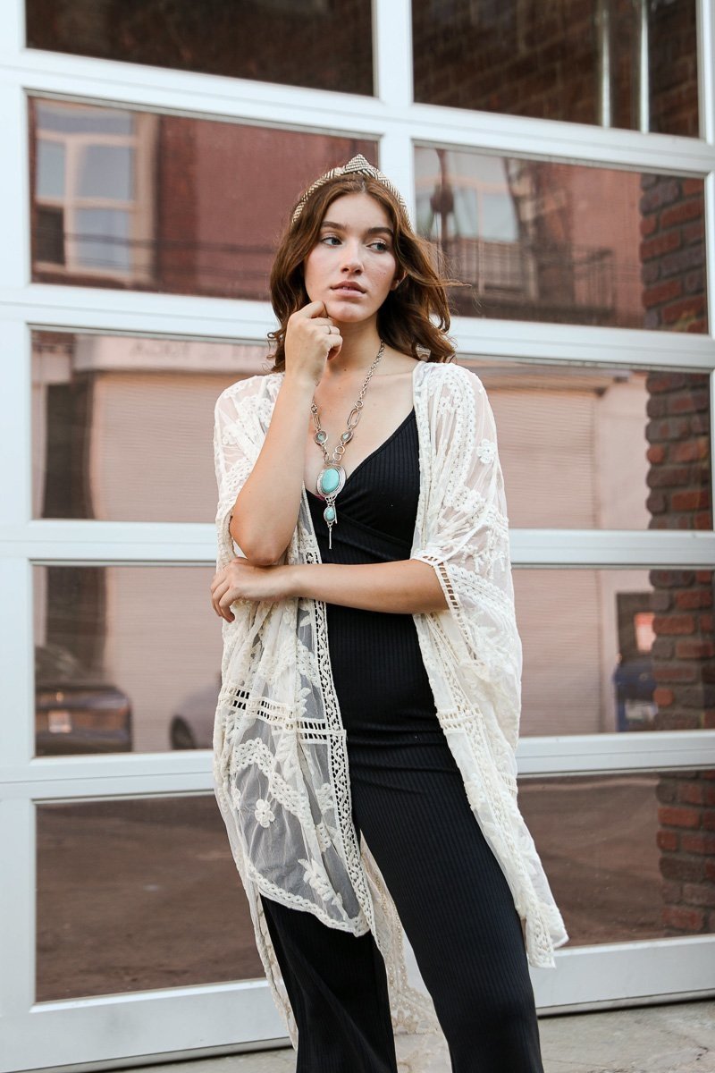 Embroidered Mesh Leaf Kimono Natural