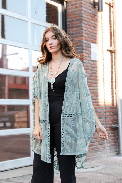 Embroidered Mesh Leaf Kimono Sage