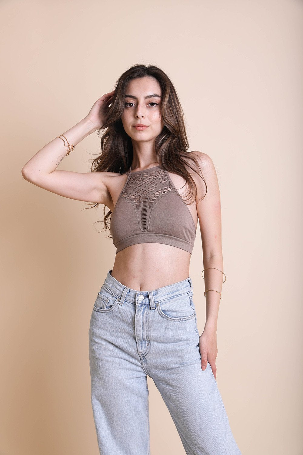 Floral Cutout Seamless High Neck XS/S / Mocha