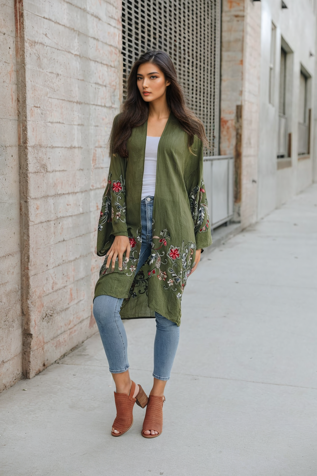 Long Floral Kimono Cardigan Olive