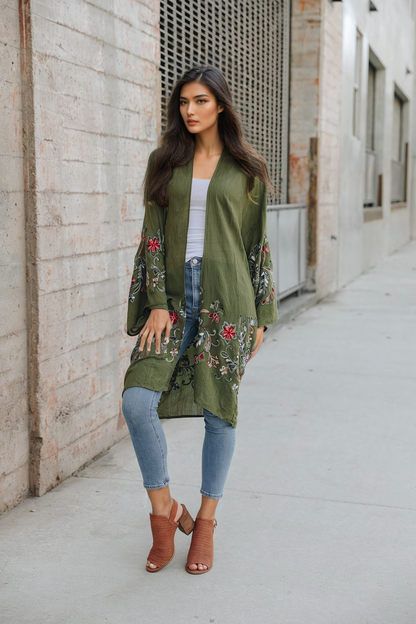 Long Floral Kimono Cardigan Olive