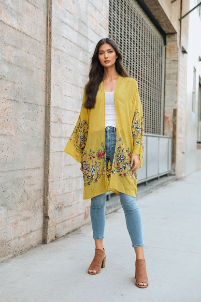 Long Floral Kimono Cardigan Mustard