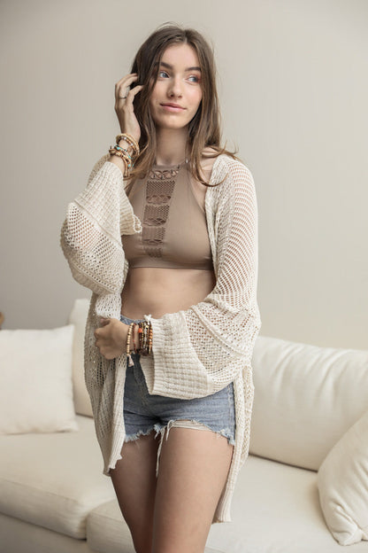 Knit Netted Cardigan Ponchos Cream