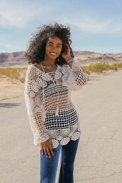 Coachella Ready Lace-Up Crochet Tunic Kimono Ivory