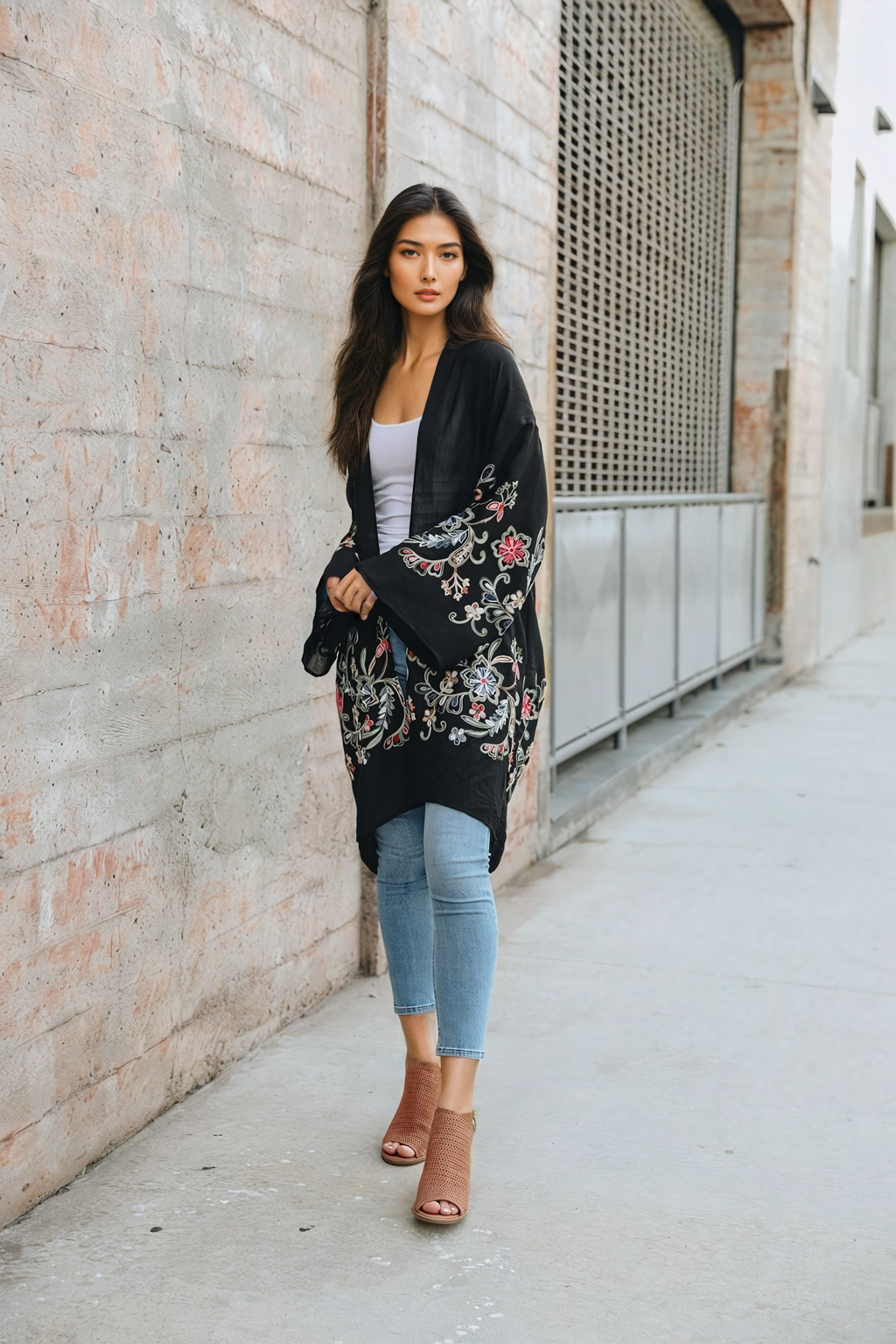 Long Floral Kimono Cardigan Black