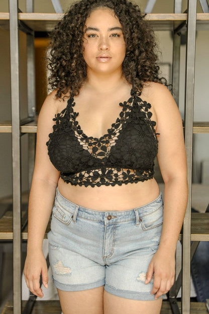 Plus Size Crochet Daisy Longline Bralette Black