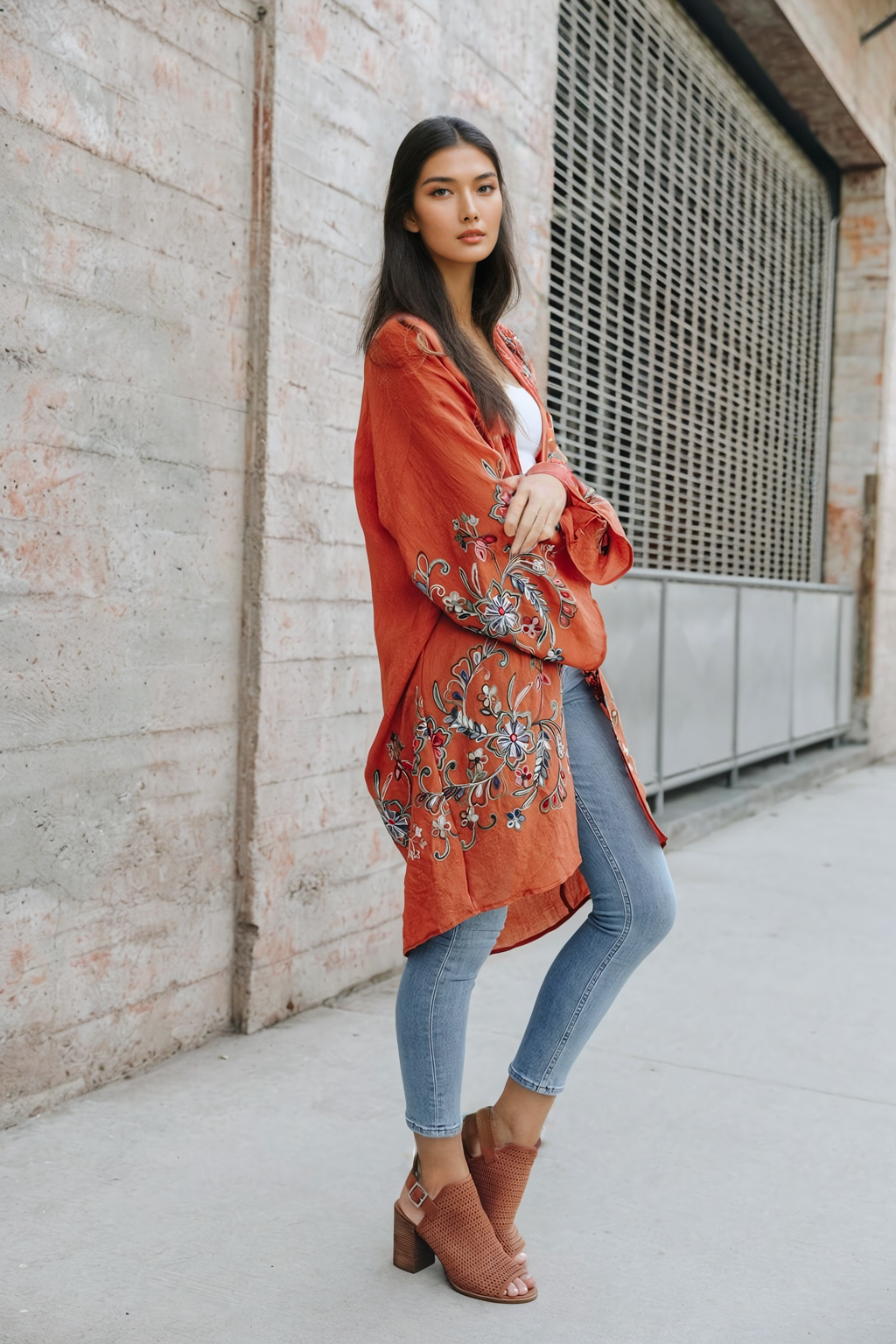 Long Floral Kimono Cardigan Rust